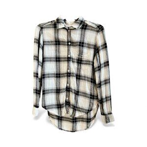 American Eagle, Boyfriend-Fit Black & White Plaid Button-Down, Size M